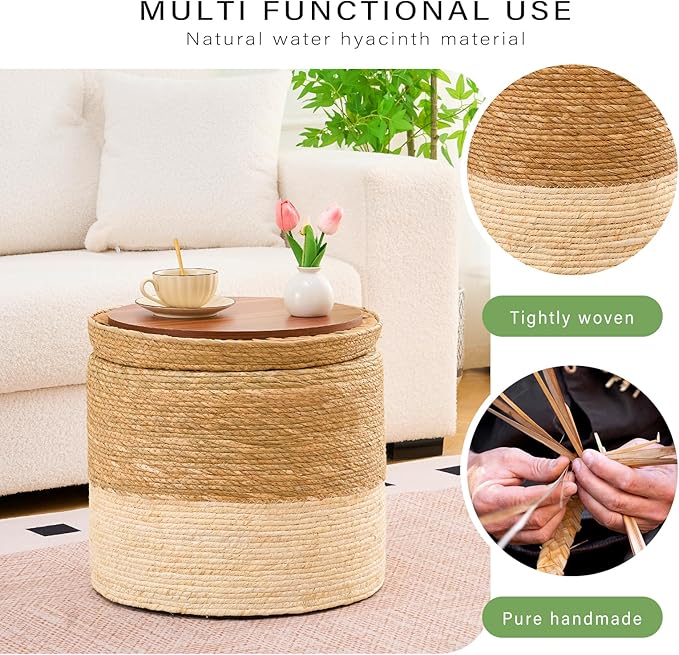 Wimarsbon Round Pouf Ottomans, Handwoven Natural Water Hyacinth Seagrass Pouffe,Outdoor Rattan Stool Accent Seat, Bohemian Coastal Home Decor (Storage - 18inch Natural Cattail & White Corn Shell)