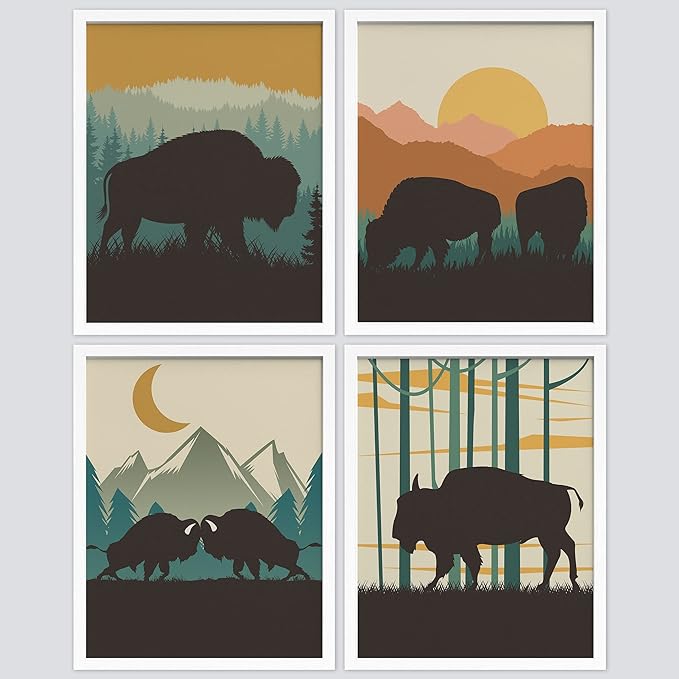 SIGNWIN Framed Country Farmhouse Vibrant Bison Wall Art, Set of 4 Silhouette Animals Wall Decor Prints, Wilderness Nature Wall Décor for Living Room, Bedroom - 8"x10" White