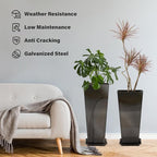 KOL 25'' & 28'' Tall Glazed Planter with Saucer, Set of 2, Galvanized Steel Planter Metal Pots for Indoor & Outdoor Use, Decorative Flower Plant Pots with Drainage Hole for Porch, Patio, Deck - Black