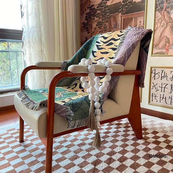 OMISHE 60" Long Extra Large Wood Bead Garland with 1.6" Diameter Wooden Beads and Tassels, Rustic Farmhouse Country Decorative Beads for Home Tiered Tray Decor, Rustic White