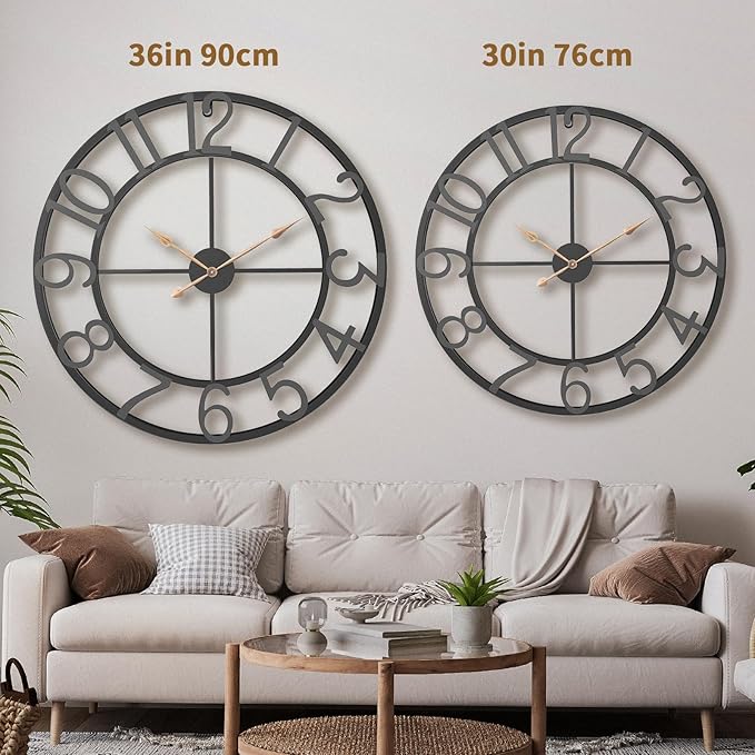 36 Inch Extra Oversized Large Giant Modern Decorative Wall Clock,Vintage Industrial Farmhouse Black Metal Big Arabic Numerals Large Clocks for Living Room Decor,Entrance Fireplace,Dinng Room