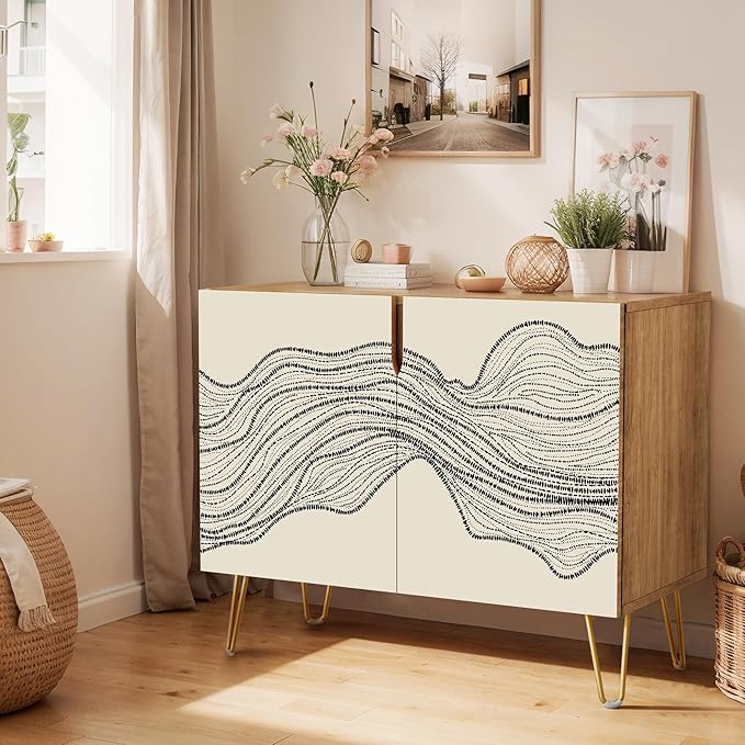 SIGNWIN Sideboard Buffet Cabinet, Kitchen Storage Cabinet with 2 Doors, Duotone Black Geometric Landscape, Cupboard Console Table for Dining Room - 35" L x 18" W x 29" H