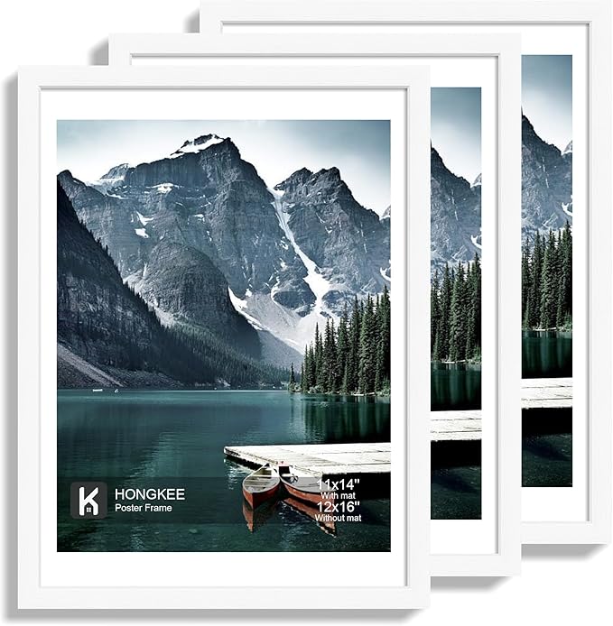 12x16 Picture Frame Set of 3 - Display 11x14 Photo with Mat or 12 x 16 Poster without Mat, Wall Mounting Horizontal and Vertical, White