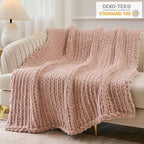 Esterra Chunky Knit Throw Blanket Newly Upgraded Heavy Tighter Version, Handmade Chenille Throw Super Soft, Thick Yarn Cable Knit Crochet Throw Blanket for Couch Bed Sofa, 50" x60, Coral Pink