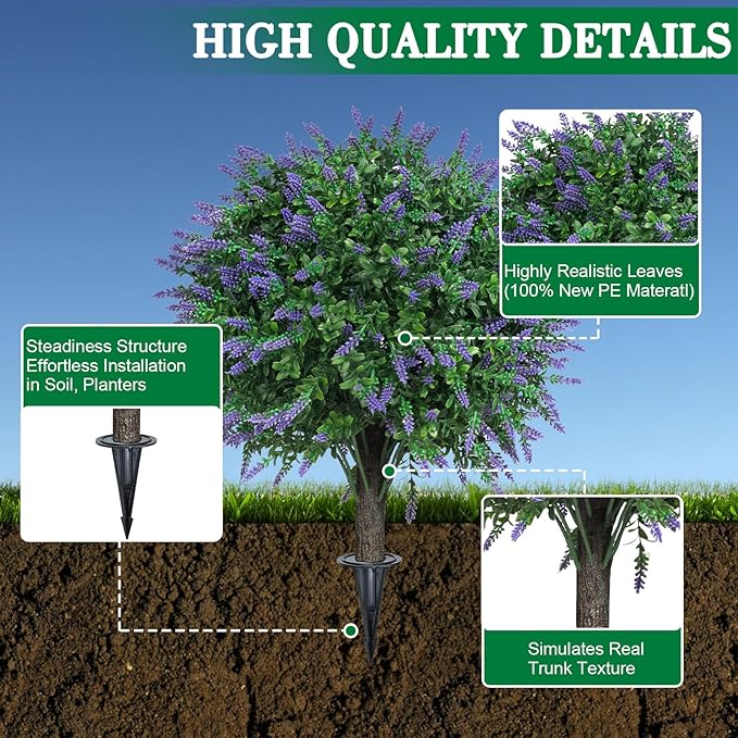 Set of 2 Artificial Lavender Boxwood Topiary Ball Bush for Outdoor with Ground Spike 22", UV Resistant Faux Greenery Shrubs, Fake Boxwood Plants for Indoor, Garden, Yard, Porch, Patio Decor