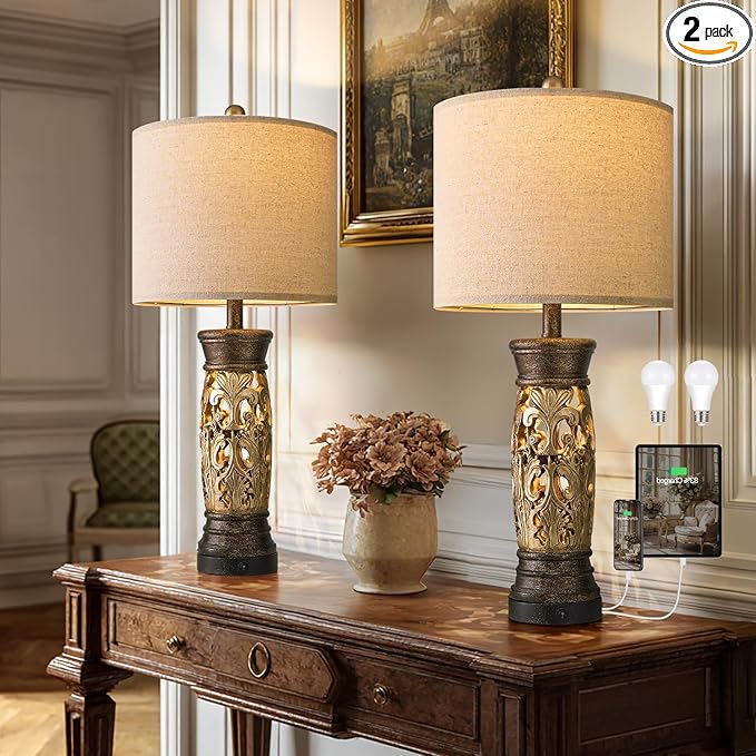 BOBOMOMO 27.25” Antique Gold Table Lamps Set of 2 – Farmhouse Bedside Lamps with Night Light & USB A+C Ports, Vintage Lamps for Bedroom, Living Room, Entryway, Nursery, Reading Nook(Bulbs Included