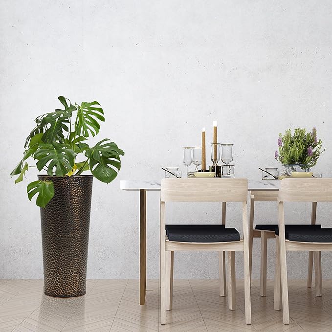 Worth Garden 2-Pack 25" H. Metal Planter with 2X Inside Pots - Hand-Hammered Texture Tall Cone Plant Pots - Large Handcrafted Black Flower Pot for Indoor Outdoor, Deck, Patio, Front Porch (Bronze)