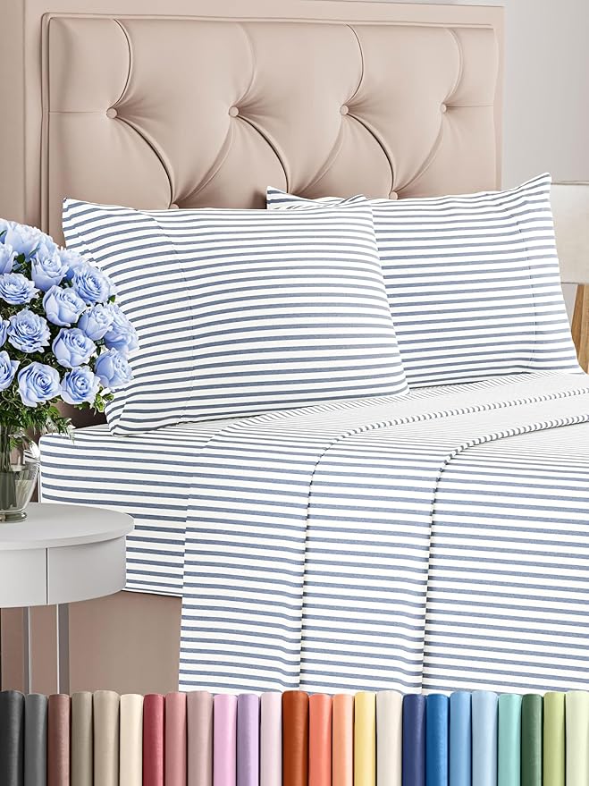 Twin XL Sheets Set 4 Piece - Includes 2 Pillowcases - Bed Sheets Twin XL - Soft Hotel Luxury Bedding - Cooling, Comfy & Breathable - 1 Flat & 1 Fitted & 2 Pillowcases w/ Deep Pockets - Blue Stripes