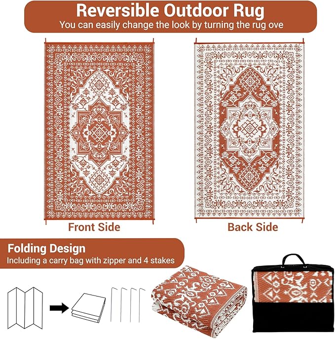 GAOMON Outdoor Plastic Straw Rug 9x12 Waterproof Reversible Patio Rug, Large UV-Resistant Portable RV Camping Mats, Indoor Outdoor Rugs for Outside Deck Front Porch Garden RV, Red & White
