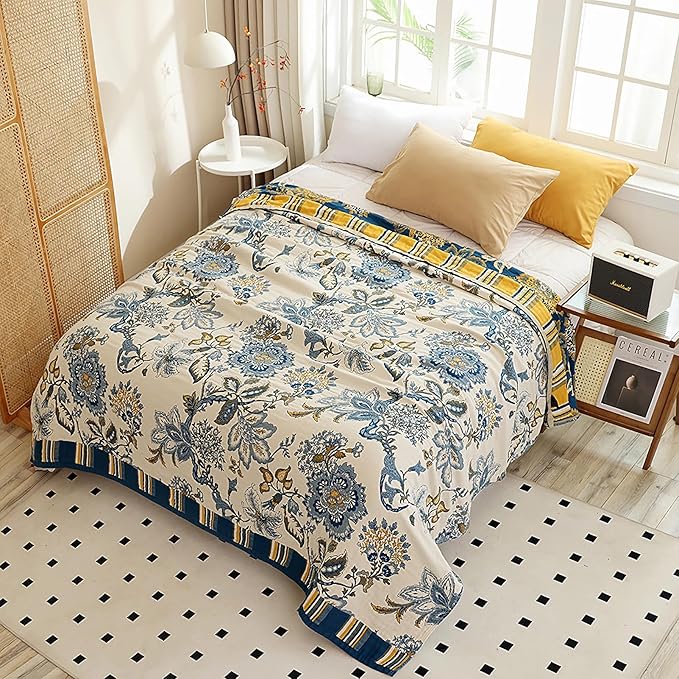 Snycler Boho Throw Blanket for Bed - 100% Cotton Ultra Soft Rustic Quilt - White Blue Floral Printed Farmhouse Decor Bed Blankets, 60"×80" All Season Rustic Throw for Sofa Couch Chair