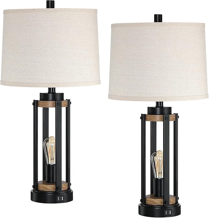 Farmhouse Table Lamps for Living Room Set of 2, 26” Rustic Beside Lamps with USB Charging Ports and Night Light, Bedroom Nightstand Lamp Vintage Reading Lamps for End Table,Bulbs Included