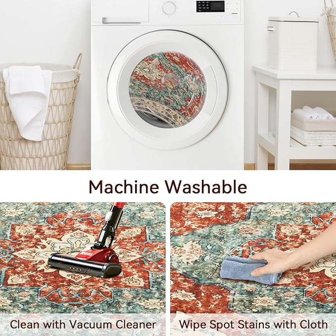 Topllen Washable Area Rug - 3'x5' Boho Bedroom Rug Indoor, Non-Slip Low-Pile Rugs for Living Room Bathroom Kitchen Front Door, Entry Throw Carpet Stain Resistance (Rust, 3x5ft)