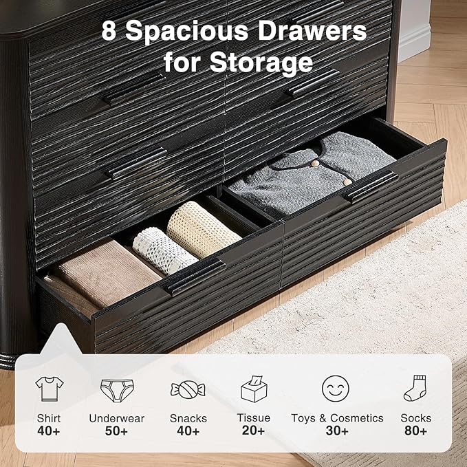 Okvnbjk Fluted 8 Drawer Dresser, 52" Wide Modern Wood Dresser for Bedroom, Chest of Drawers with Curved Profile Design, TV Stand & Storage Organizer for Living Room, Hallway, Black
