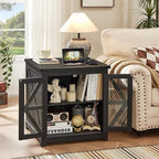 Farmhouse End Table with Charging Station Set 2, 24" Large Sofa Side Table with Glass Barn Door, Nightstand with Adjustable Storage Shelf,Wood Square Bedside Table for Living Room,Bedroom