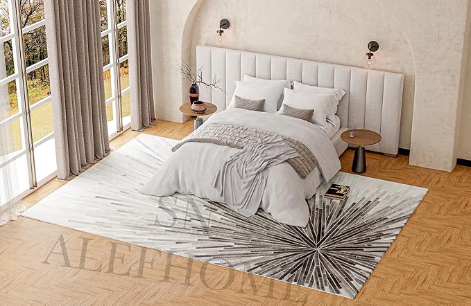Faux Cowhide Area Rug | Radiating Starburst Pattern Non-Slip Leather Carpet for Western, Farmhouse & Modern Home Décor – Living Room, Bedroom & Office Accent(Grey_2.5x12)