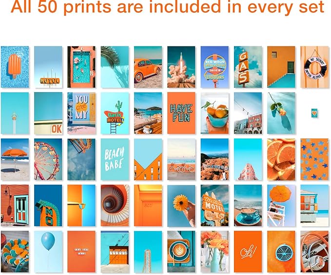 Y2K BOO Peachy Teal Wall Collage Kit - 50 Trendy Peach and Teal Aesthetic Photos for Dreamy Spaces, Perfect Room Decor for Teens, 4"x6" Preppy Wall Art for College Dorms