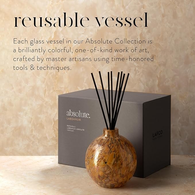 LAFCO New York Absolute Collection Reed Diffuser, Labdanum - 15 oz - Up to 1 Year Fragrance Life - Reusable, Hand Blown Glass Vessel - Nylon Reeds - Made in The USA