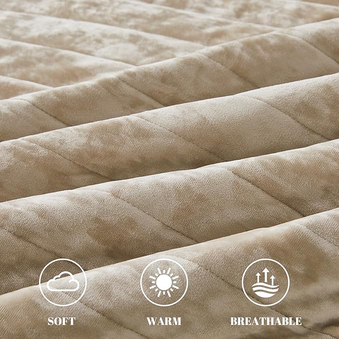 Qucover Queen/Oversized Queen Velvet Quilt and Sham Set, Luxury Velvet Comforter Bedding Set, Cream Beige Striped Quilt Bedspread, Ultra Soft Winter Coverlet for All Seasons