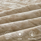 Qucover Velvet Quilt King Size Bedding Set, 106"x98" Oversized King Velvet Quilt and Sham Set, Luxury Cream Beige Striped Comforter, Ultra Soft Winter Quilted Bedspread Coverlet for All Seasons