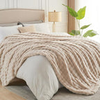 NEWCOSPLAY Faux Fur Queen Blanket Linen Bubble Blanket Thick Warm Soft for Couch Sofa Bed 550GSM (Linen, Queen(90"x90"))