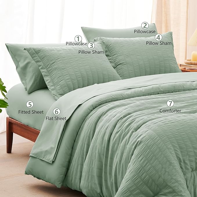 CozyLux Full Size Comforter Sets with Sheets Seersucker 7 Pieces Sage Green Bed in a Bag Textured Luxury Soft Bedding Set with Down Alternative Comforter, Sheets, Pillowcases & Shams for All Seasons