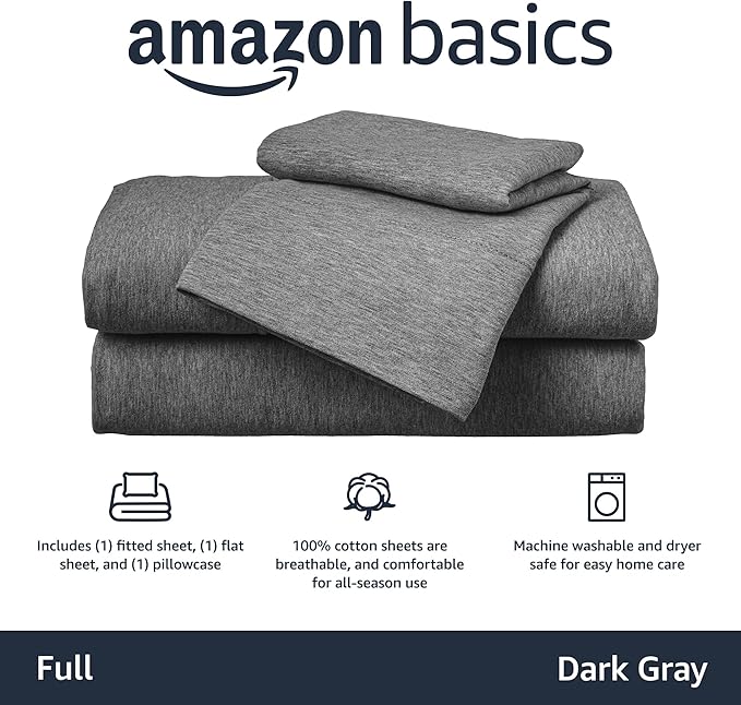Amazon Basics 4 Piece Bed Sheet Set, 100% Cotton Jersey, Includes Super Soft, Flat and Fitted Sheets, Pillowcase, Full, Dark Gray, Solid