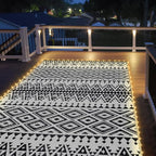 8x10ft Waterproof Outdoor Rug with LED Lights, Bohemia Reversible Plastic Straw Mat for Patio RV Camping Picnic Balcony Beach Deck Indoor Outdoor Carpet, Black&White