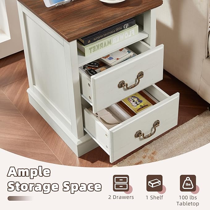Farmhouse Nightstands with Charging Station，18" End Table with 2 Drawers，Farmhouse Nightstand with Vintage Handles, Bedside Cabinet for Bedroom for Bedroom, Living Room,White