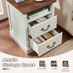 2PCS Farmhouse Nightstands with Charging Station，18" End Table with 2 Drawers，Farmhouse Nightstand with Vintage Handles, Bedside Cabinet for Bedroom for Bedroom, Living Room,White