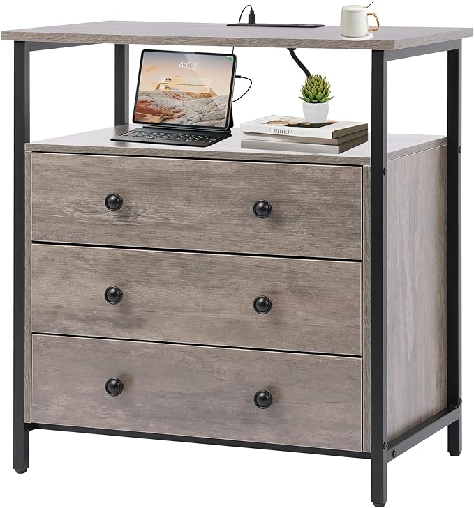 3 Wooden Drawers Night Stand, 27 Inch Wide Nightstand with Charging Station and Adjustable Drawers, Small Dresser for Closet, Bedside Table for Living Room/Bedroom/Office, Gray.