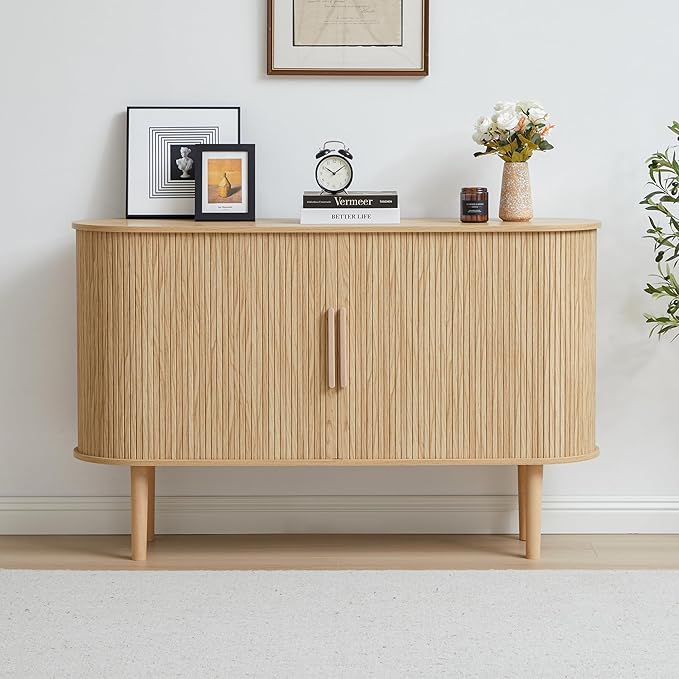 53''Sideboard Buffer Cabinet with Fluted Slide Doors, Modern Credenza Storage Cabinet, Tambour Bar Console Table for Living Dining Room Kitchen Hallway Entryway, Natural