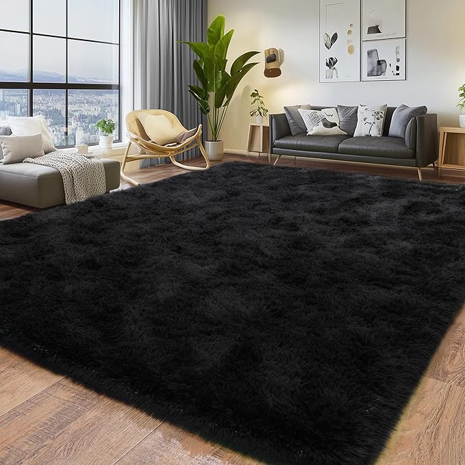 9x12 Large Area Rugs for Living Room, Ultra Fluffy Plush Rug for Living Room Bedroom, Thick Fluffy Carpet for Girls Boys Kids Room, Non Slip Dorm Rug for Home Decor Aesthetic,Black