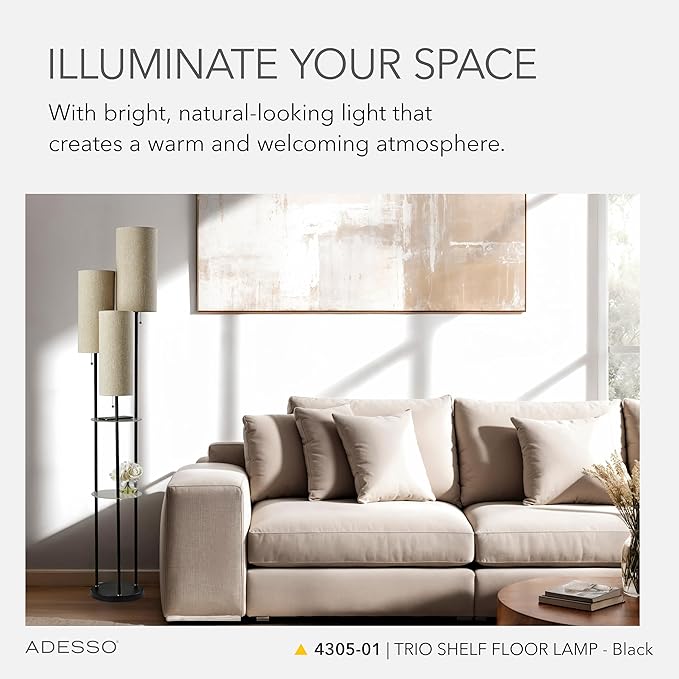 Adesso Trio Floor Lamp with Three Pull Chain Lights and Two-Tier Storage, Black Base, Brown Textured Fabric Shades, 68” Tall, Enhances Room Decor and Lighting