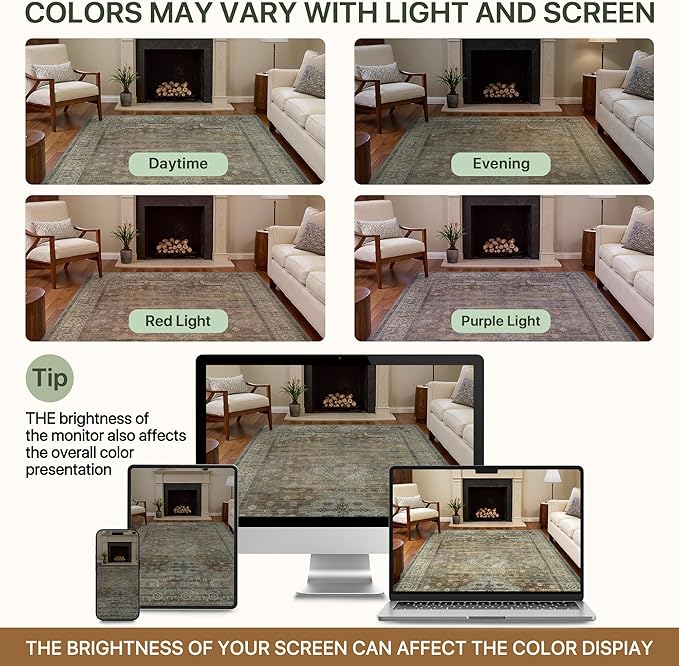 Area Rugs 9x12 for Living Room Bedroom, Modern Boho Machine Washable Large Distressed Light Greyish Sage Green Rug, Low Pile Floor Carpet with Non Slip Backing for Dining Room