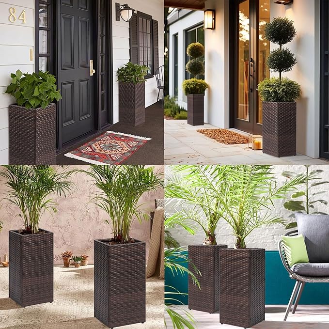 LEWIS&WAYNE Set of 2 Tall Planters for Outdoor Plants Handmade 24'' Wicker Tall Square Planter Box with Removable Liners Modern Planter for Indoor Outdoor Garden Patio Front Porch - Brown