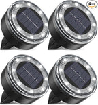 Mini Outdoor Solar Lights，4 Pqck Solar Garden Lights for Outside IP65 Waterproof, 8 LED Disc Landscape Lighting for Garden Yard Driveway Walkway Poolside Deck Lawn Patio,Cold White