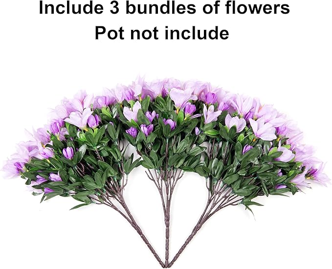 Artificial Flowers for Outdoors, 3 Bundles Fake Silk Azalea Bouquet Faux Flower Plants Outside Decoration UV Resistant Realistic Fake Flowers for Planter Front Door Patio Garden Walkways Home, Purple
