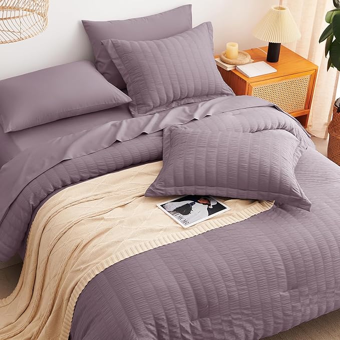 CozyLux King Size Comforter Set Dusty Purple Seersucker 7 Pieces Bed in a Bag King Comforter Set with Sheets, Luxury Bedding Set with Down Alternative Comforter, Sheets, Pillowcases & Shams All Season