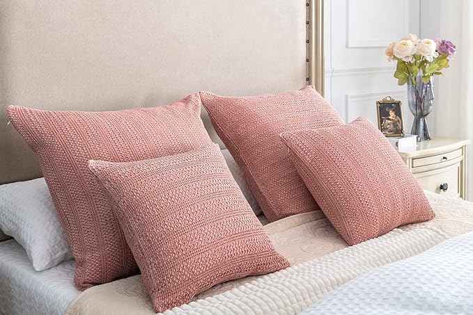 18x18 Throw Pillow Covers Set of 2 Boho Decorative Pillow Shams Stone Washed Cotton Pillowcase Waffle Square for Couch Sofa Chair Bed Car,Coral Pink