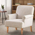 HUIMO Linen Fabric Accent Chair, Mid-Century Modern Armchair with Solid Wood Legs, Single Sofa Chair,Upholstered Reading Club Chair (1, Brown and White Stripe)