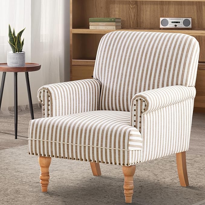 HUIMO Linen Fabric Accent Chair, Mid-Century Modern Armchair with Solid Wood Legs, Single Sofa Chair,Upholstered Reading Club Chair (1, Brown and White Stripe)
