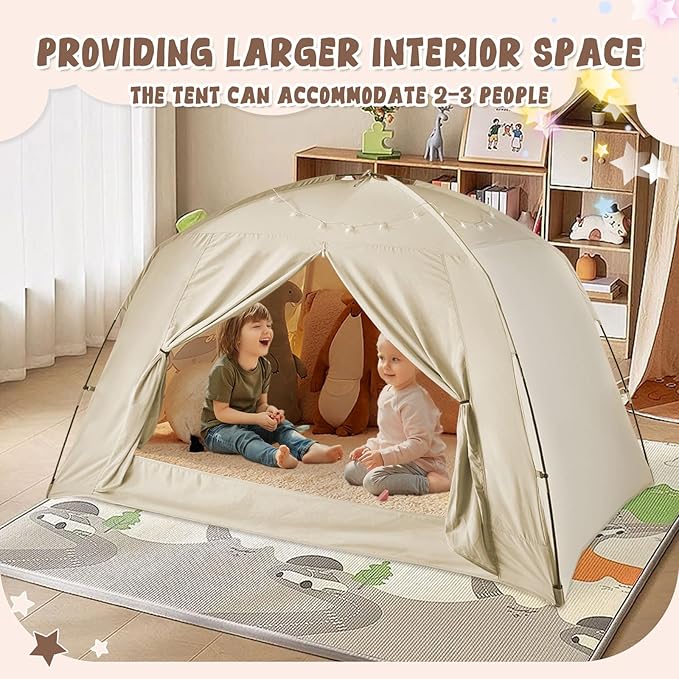 Bed Tents for Kids and Adult, Portable 100% Breathable and 85% Blackout Toddler Dream Play Tent, 3 Doors Big Privacy Space Sleeping Canopy for Floor or Twin Full Queen Sizes Bed (Khaki, Twin-Size)