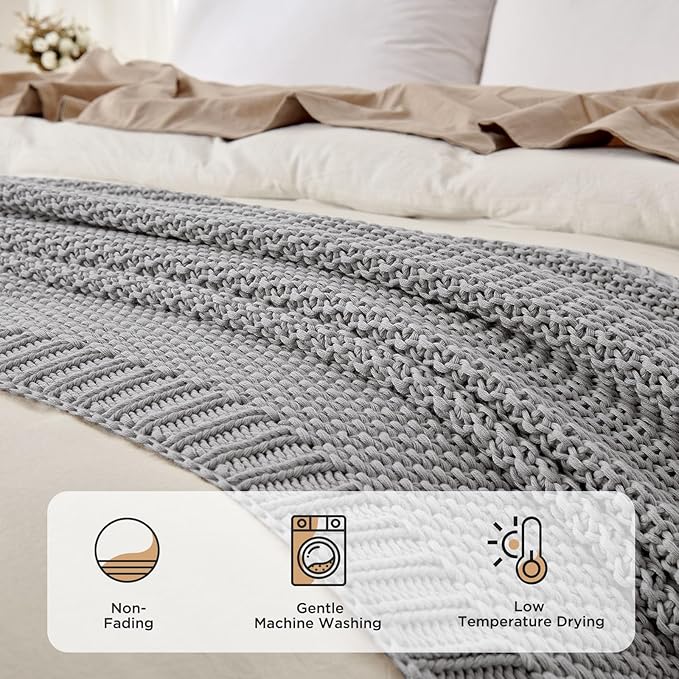 Joydeco Chunky Cable Knit Throw Blanket, Lightweight 100% Cotton Soft Cozy Throw Twin Blanket for Couch Bed and Sofa, Rustic Breathable Farmhouse Blanket Gift for Women Men(Grey, 60"x80")