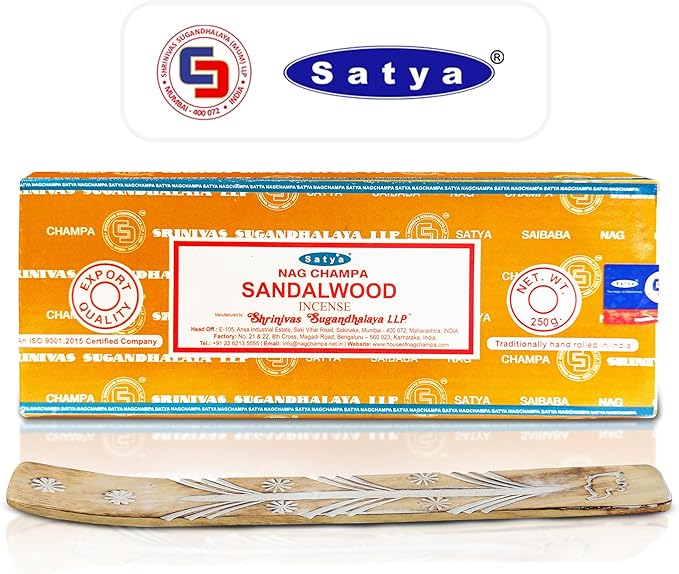 Satya Sandalwood Incense Sticks 250 gm Pack, Insenses with Raajsee Insence Holder Bundle, Nag Champa Natural Incense
