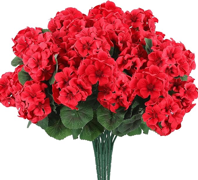 Hananona 24 Pcs Artificial Geranium Flowers for Outdoors Geranium Silk Red Flowers Outdoor UV Resistant Garden Plants Faux Flower for Christmas Home Kitchen Table Centerpieces Decor (24, Red)