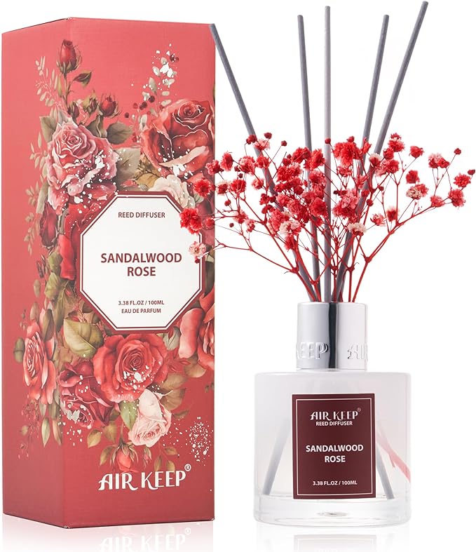 Airkeep Reed Diffuser Set,3.38 fl oz (100 ml) - Sandalwood Rose Oil Diffusers with 8 Reed Sticks,Home Fragrance Reed Diffuser for Bathroom Shelf Decor