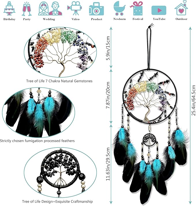 7 Chakras Dream Catchers, Tree of Life Dream Catchers Wall Decor, Rainbow Healing Crystal Stone Dreamcatcher for Bedroom Home Decor, Adults Boys Girls Festival Blessing Gift (7 Color Tree of Life)