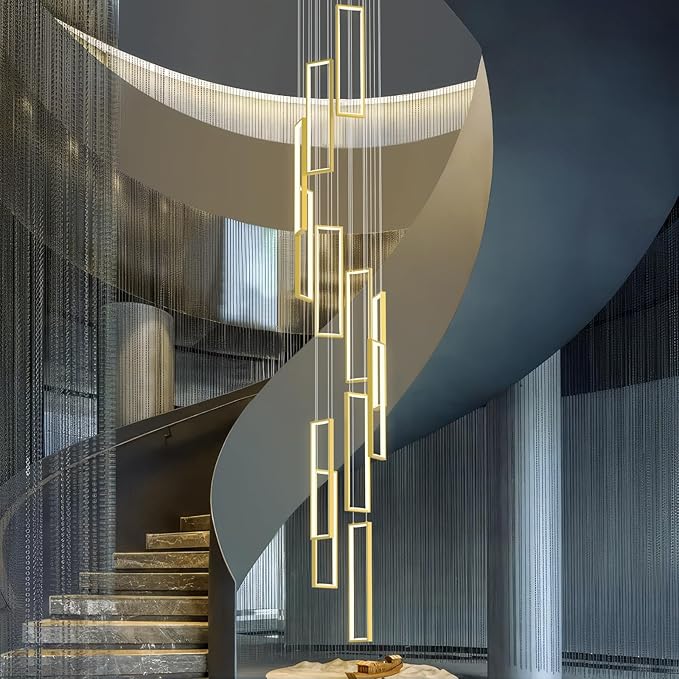 Modern Adjustable Height Pendant Light Fixture Gold 252W LED Pendant Lights 12 Rings Rectangular Chandelier Staircase Large Chandelier Lobby Living Room Foyer High Ceiling Chandeliers