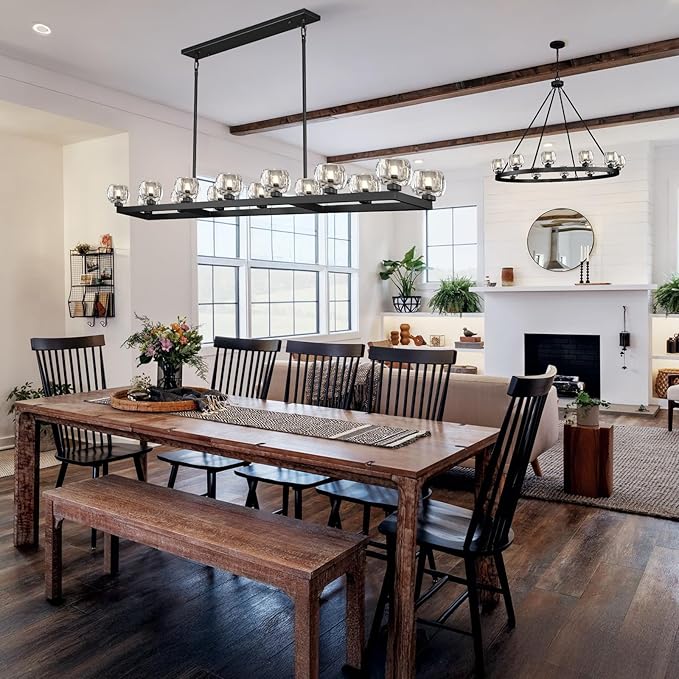 72 Inch Black Rectangle Wagon Wheel Chandeliers, Chandelier for Dining Room Over Table, Modern Crystal Long Chandelier for High Ceiling, Farmhouse Large Linear Chandeliers for Kitchen Island