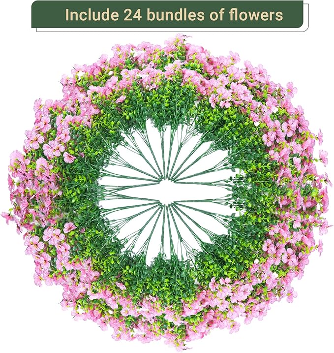 24 Bundles Artificial Flowers for Outdoors & Indoors – UV Resistant Faux Plastic Plants for Garden, Patio, Porch, Window Box, Home Decor – Lush & Vibrant Fake Flowers, Pink
